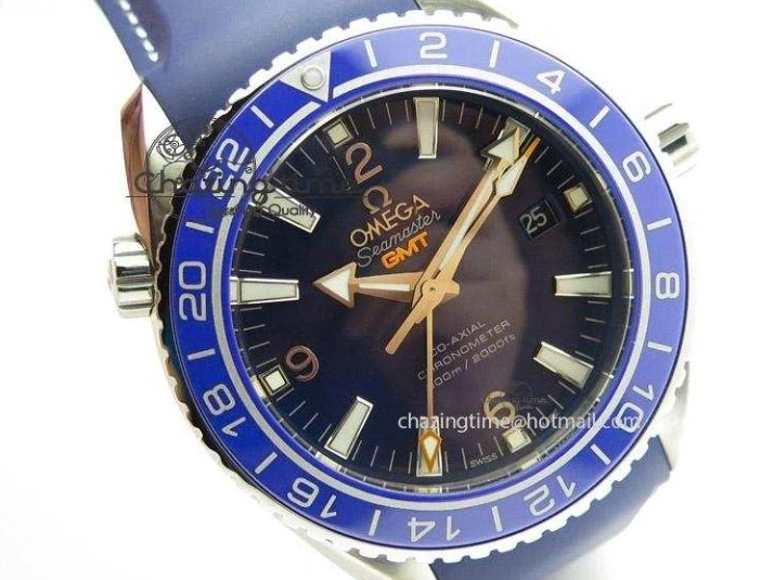 0213 HighPerformance Seamaster Planet Ocean GMT 600M Blue Dial SS On Blue Rubber Strap A 8278